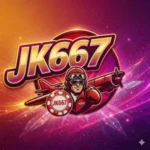 High-quality gaming logo featuring "JK667" in bold 3D text with a pilot character, a red propeller plane, and a vibrant galaxy background.