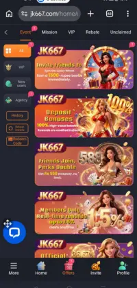 Screenshot of the JK667 gaming app interface showing the "Events" page with various promotion banners including invite bonuses, deposit rewards, and real-time rebates.