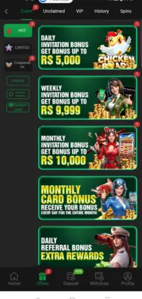 A screenshot of the OKPKR app's "Events" section, showcasing various rewards like daily, weekly, and monthly invitation bonuses ranging from Rs 5,000 to Rs 10,000.