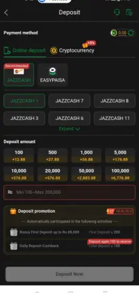 OKPKR app deposit page showing secure payment options like JazzCash and Easypaisa, with various deposit amounts and active promotional bonus offers.